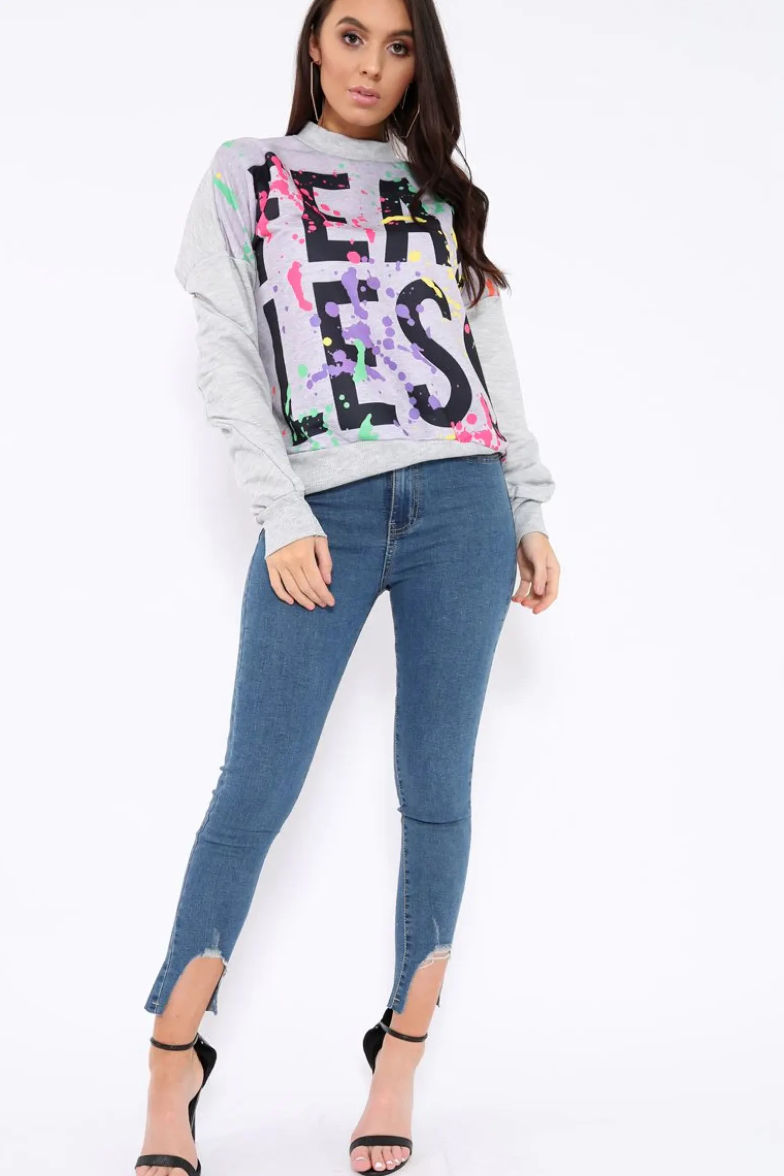 Rebellious Fashion Grey Fearless Paint Splatter Sweatshirt - Eliza