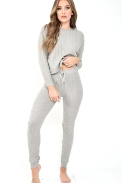Rebellious Fashion Grey Fine Cable Knit Loungewear Set - Lizette