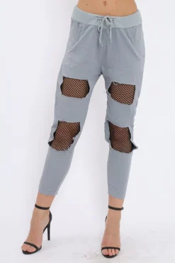 Rebellious Fashion Grey Fish Net Panel Detail Joggers - Mikaela