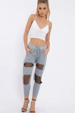 Rebellious Fashion Grey Fish Net Panel Detail Joggers - Mikaela