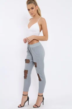 Rebellious Fashion Grey Fish Net Panel Detail Joggers - Mikaela