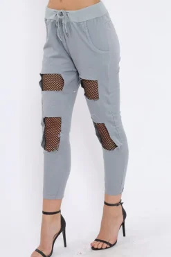 Rebellious Fashion Grey Fish Net Panel Detail Joggers - Mikaela
