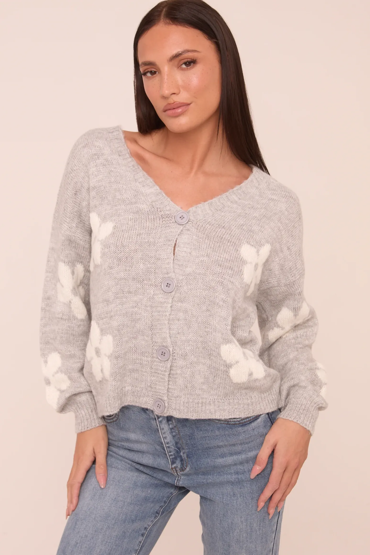 Rebellious Fashion Grey Floral Button Up Front Long Sleeves Cardigan - Poppy