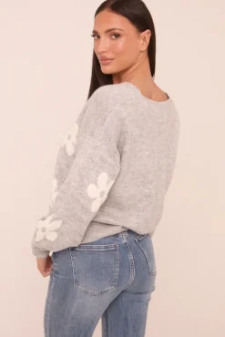 Rebellious Fashion Grey Floral Button Up Front Long Sleeves Cardigan - Poppy