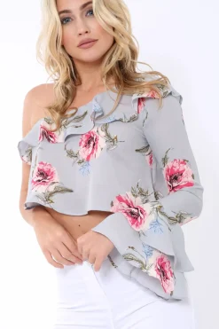 Rebellious Fashion Grey Floral One Sleeved Crop Top - Beatrice