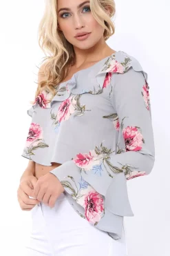 Rebellious Fashion Grey Floral One Sleeved Crop Top - Beatrice