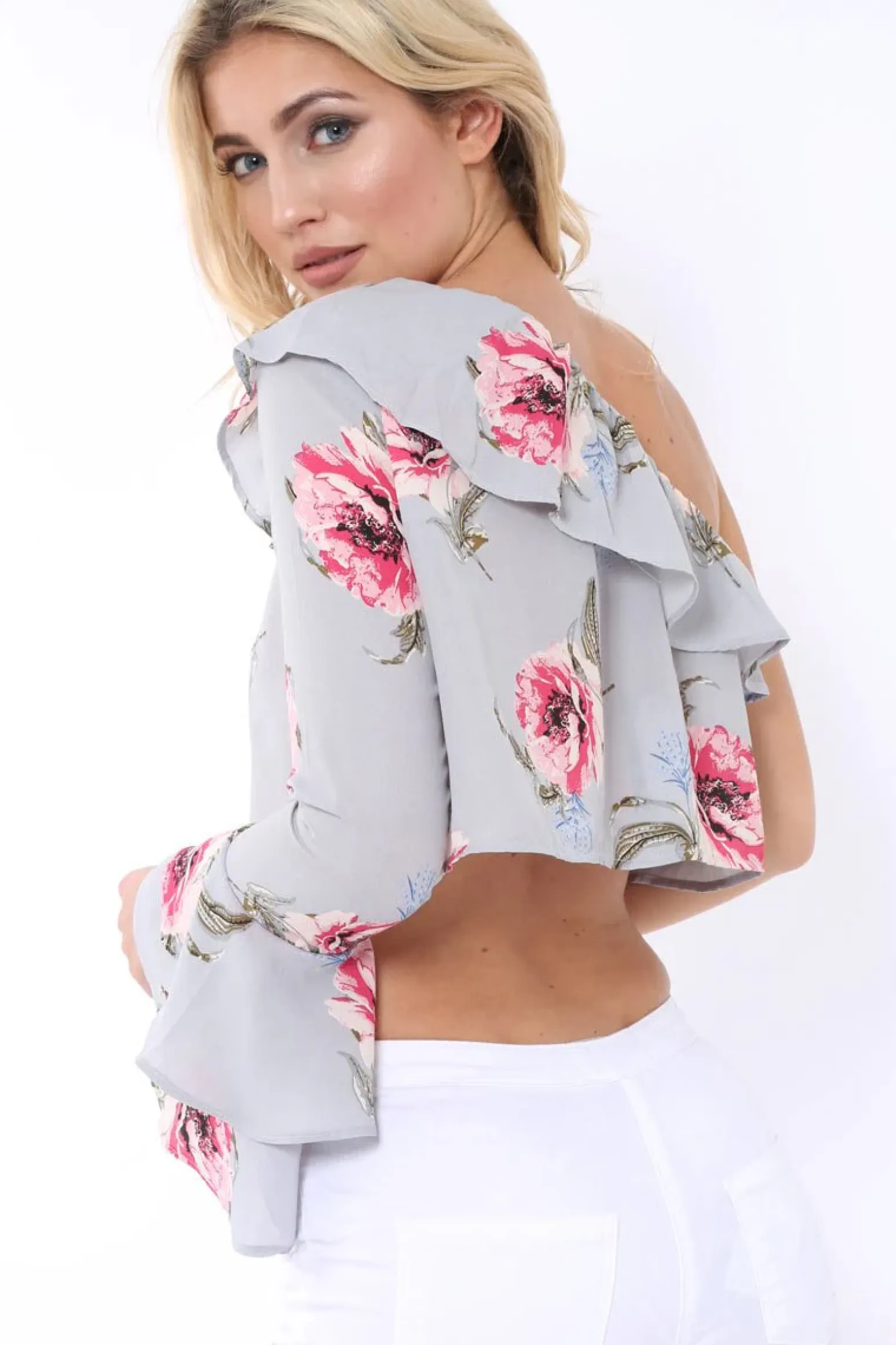 Rebellious Fashion Grey Floral One Sleeved Crop Top - Beatrice