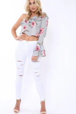 Rebellious Fashion Grey Floral One Sleeved Crop Top - Beatrice