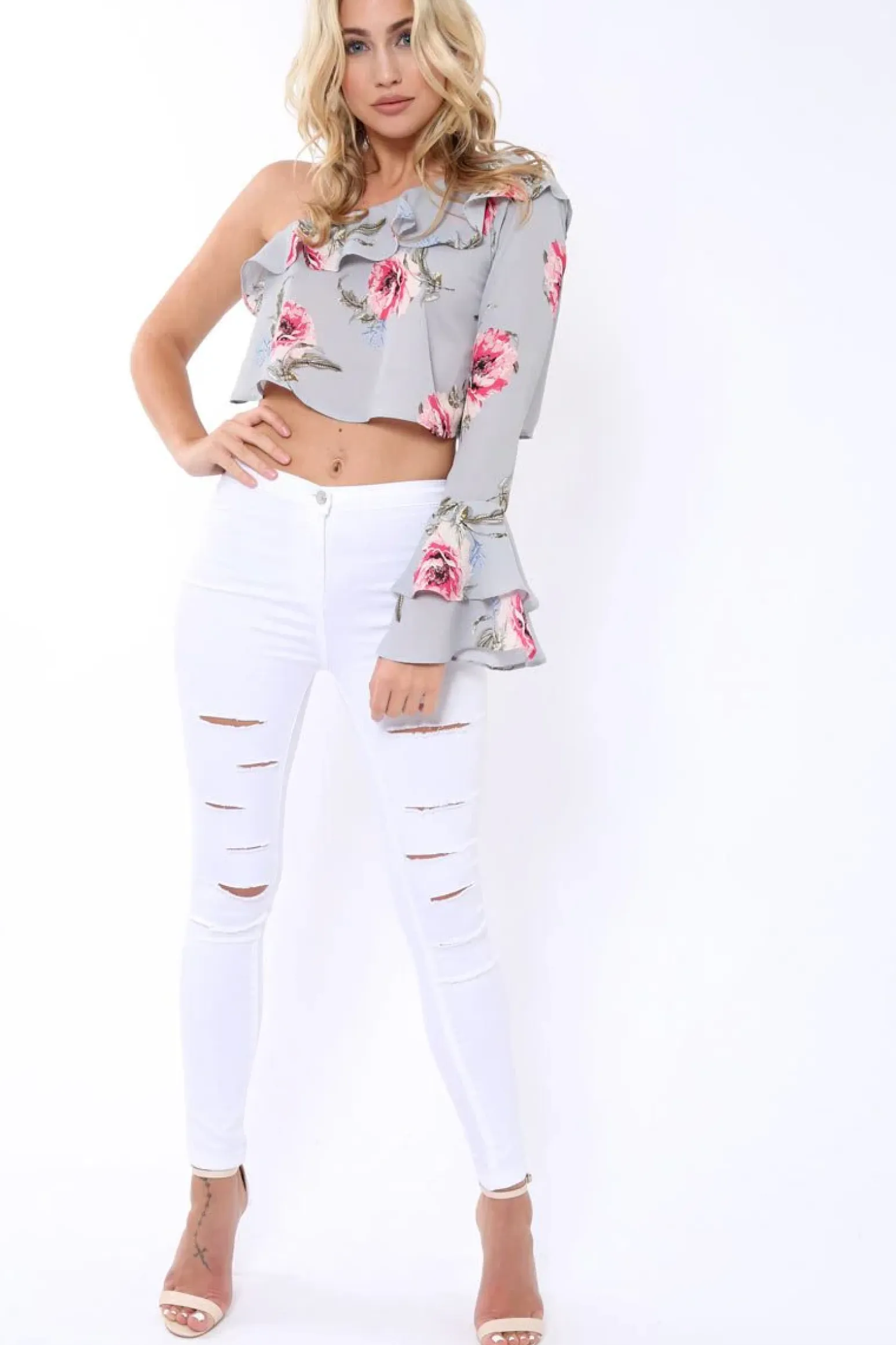 Rebellious Fashion Grey Floral One Sleeved Crop Top - Beatrice
