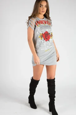 Rebellious Fashion Grey Forever Flying High Distressed T-Shirt Dress - Reiley