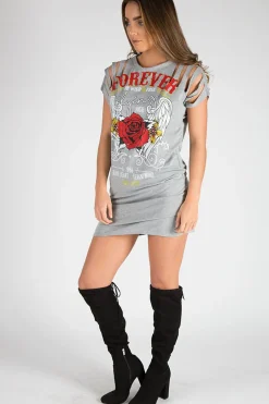 Rebellious Fashion Grey Forever Flying High Distressed T-Shirt Dress - Reiley