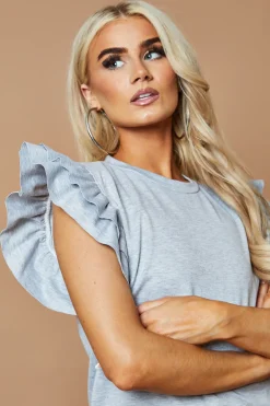 Rebellious Fashion Grey Frill Detail Top & Shorts Co-Ords Set - Keiko