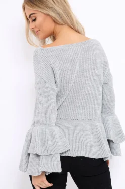 Rebellious Fashion Grey Frill Hem and Sleeve Jumper - Imogen