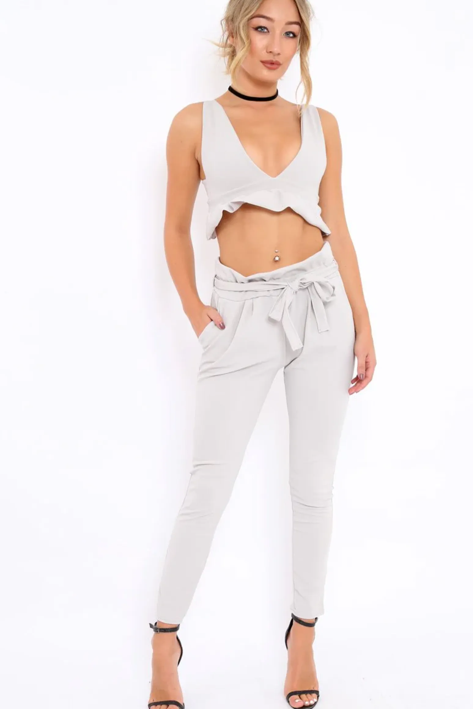 Rebellious Fashion Grey Frill Hem Crop Top - Keya