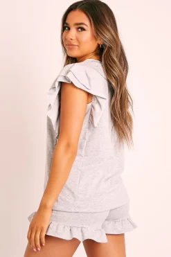 Rebellious Fashion Grey Frill Hem T-shirt Short Loungewear Co-ord - Daleiza