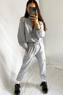 Rebellious Fashion Grey Front Pocket Cargo Jumper and Joggers Loungewear Set - Naziya