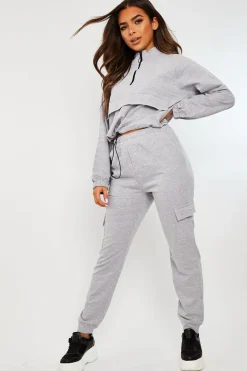 Rebellious Fashion Grey Front Pocket Cargo Jumper and Joggers Loungewear Set - Naziya