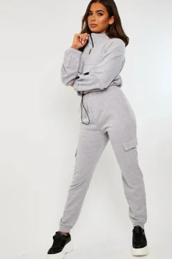 Rebellious Fashion Grey Front Pocket Cargo Jumper and Joggers Loungewear Set - Naziya