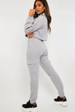 Rebellious Fashion Grey Front Pocket Cargo Jumper and Joggers Loungewear Set - Naziya
