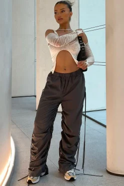 Rebellious Fashion Grey Front Slit Ruched Cargo Trousers - Lone