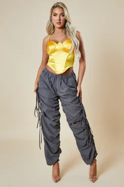Rebellious Fashion Grey Front Slit Ruched Cargo Trousers - Lone
