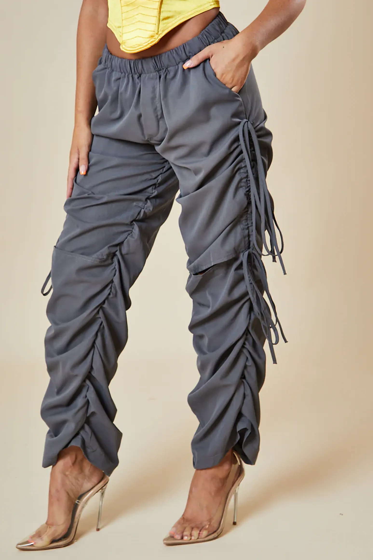 Rebellious Fashion Grey Front Slit Ruched Cargo Trousers - Lone