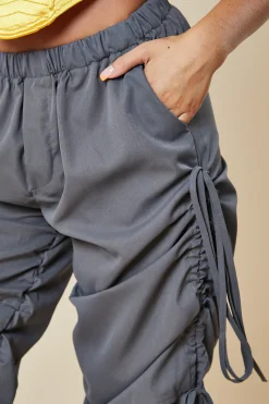 Rebellious Fashion Grey Front Slit Ruched Cargo Trousers - Lone
