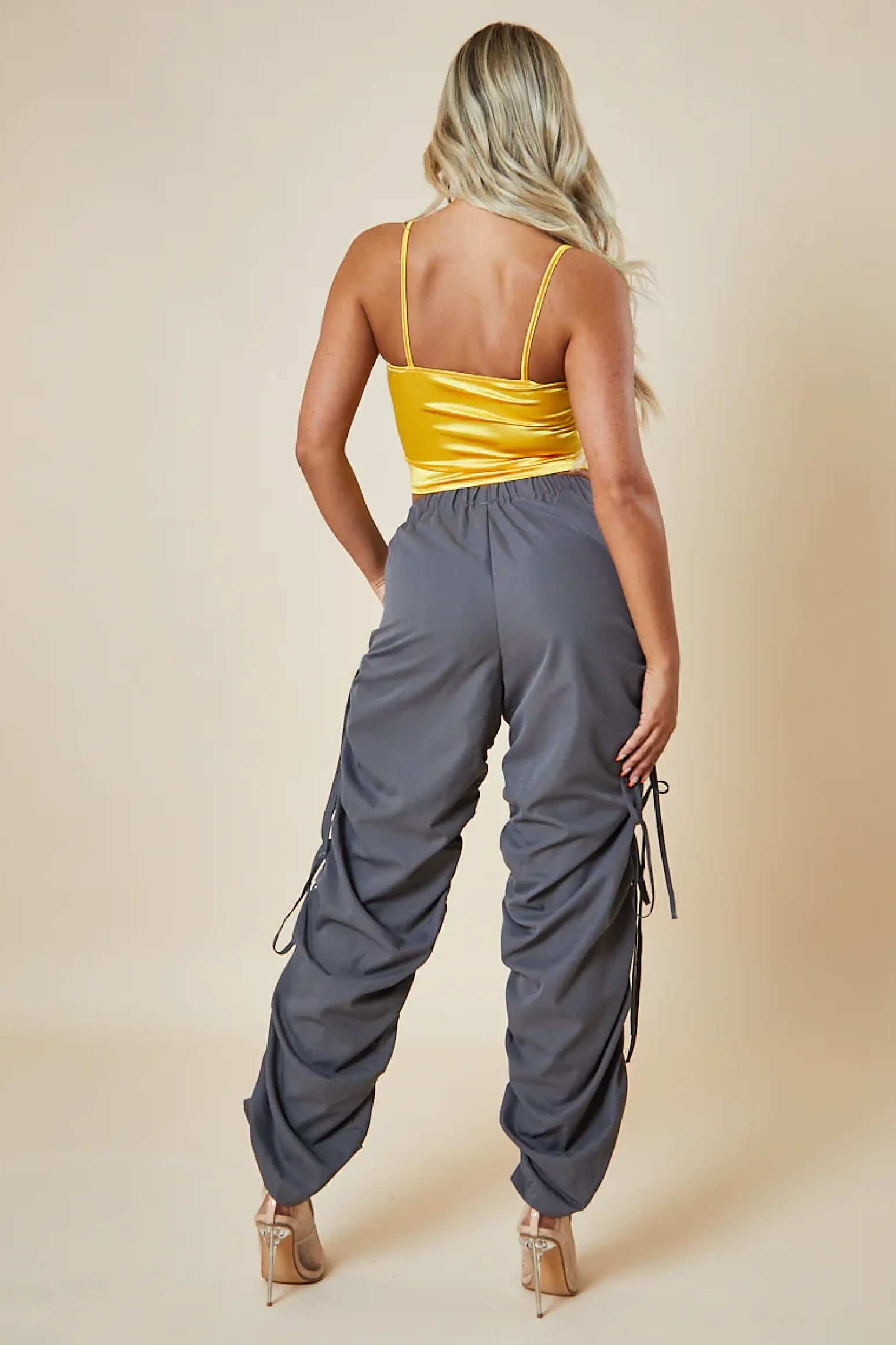 Rebellious Fashion Grey Front Slit Ruched Cargo Trousers - Lone