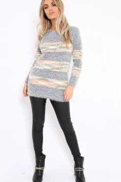 Rebellious Fashion Grey Fur Knit Jumper with beige multi colour stripe detail - Anabella
