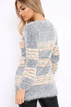 Rebellious Fashion Grey Fur Knit Jumper with beige multi colour stripe detail - Anabella