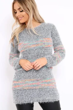 Rebellious Fashion Grey Fur Knit Jumper with colourful stripe detail - Anabella
