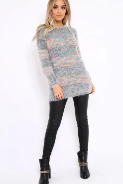 Rebellious Fashion Grey Fur Knit Jumper with colourful stripe detail - Anabella