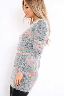 Rebellious Fashion Grey Fur Knit Jumper with colourful stripe detail - Anabella