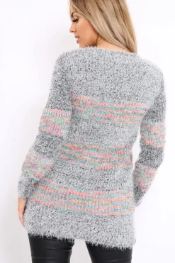 Rebellious Fashion Grey Fur Knit Jumper with colourful stripe detail - Anabella