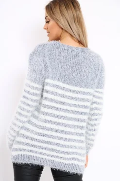 Rebellious Fashion Grey Fur Knit Stripe Jumper - Sicily