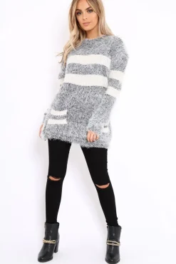 Rebellious Fashion Grey Fur Knit Wide Stripe Jumper Dress - Keeley