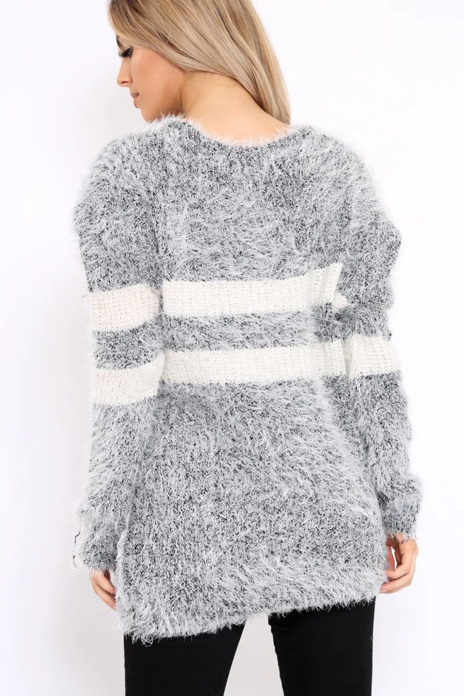 Rebellious Fashion Grey Fur Knit Wide Stripe Jumper Dress - Keeley