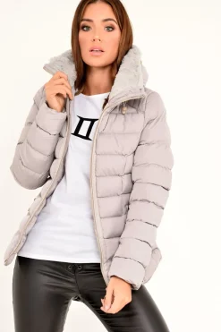 Rebellious Fashion Grey Fur Lined Ring Pull Puffer Coat - Riko
