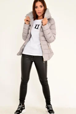 Rebellious Fashion Grey Fur Lined Ring Pull Puffer Coat - Riko