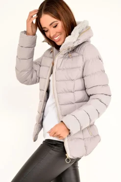 Rebellious Fashion Grey Fur Lined Ring Pull Puffer Coat - Riko