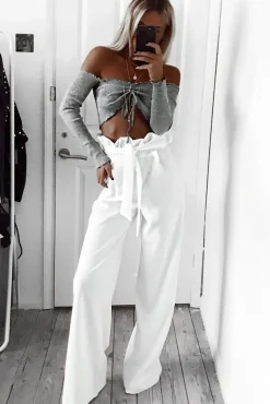 Rebellious Fashion Grey Gathered Middle Bardot Crop Top - Sally