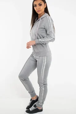 Rebellious Fashion Grey Glitter Side Stripe Crepe Tracksuit - Gionna