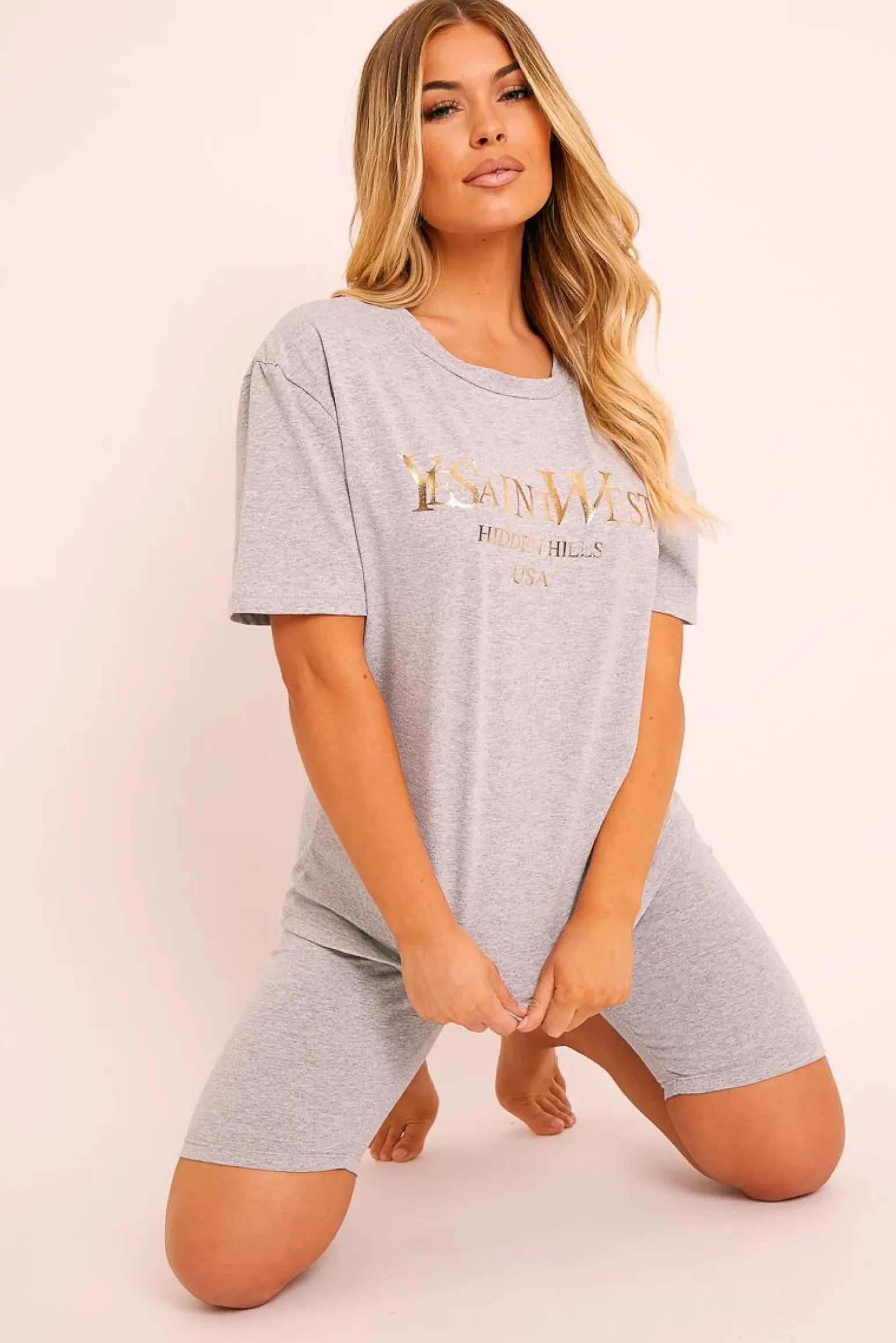 Rebellious Fashion Grey Gold Beverly Hills T-shirt Cycling Shorts Co-ord - Laura