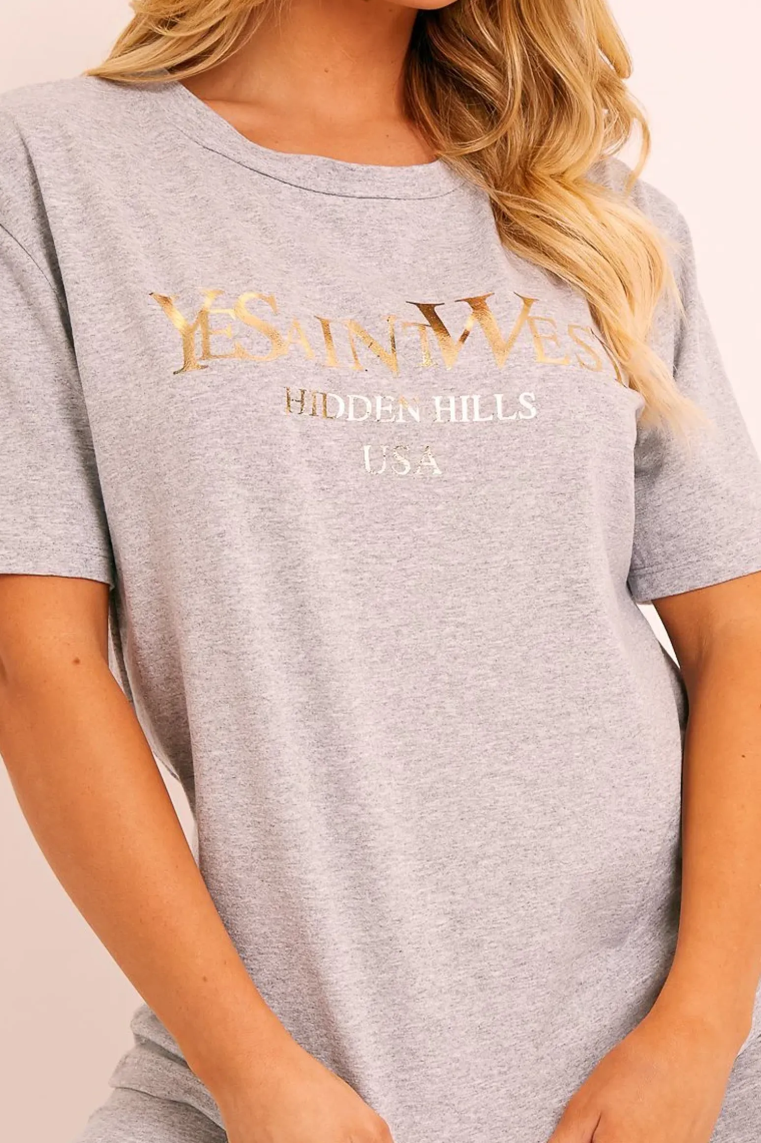 Rebellious Fashion Grey Gold Beverly Hills T-shirt Cycling Shorts Co-ord - Laura