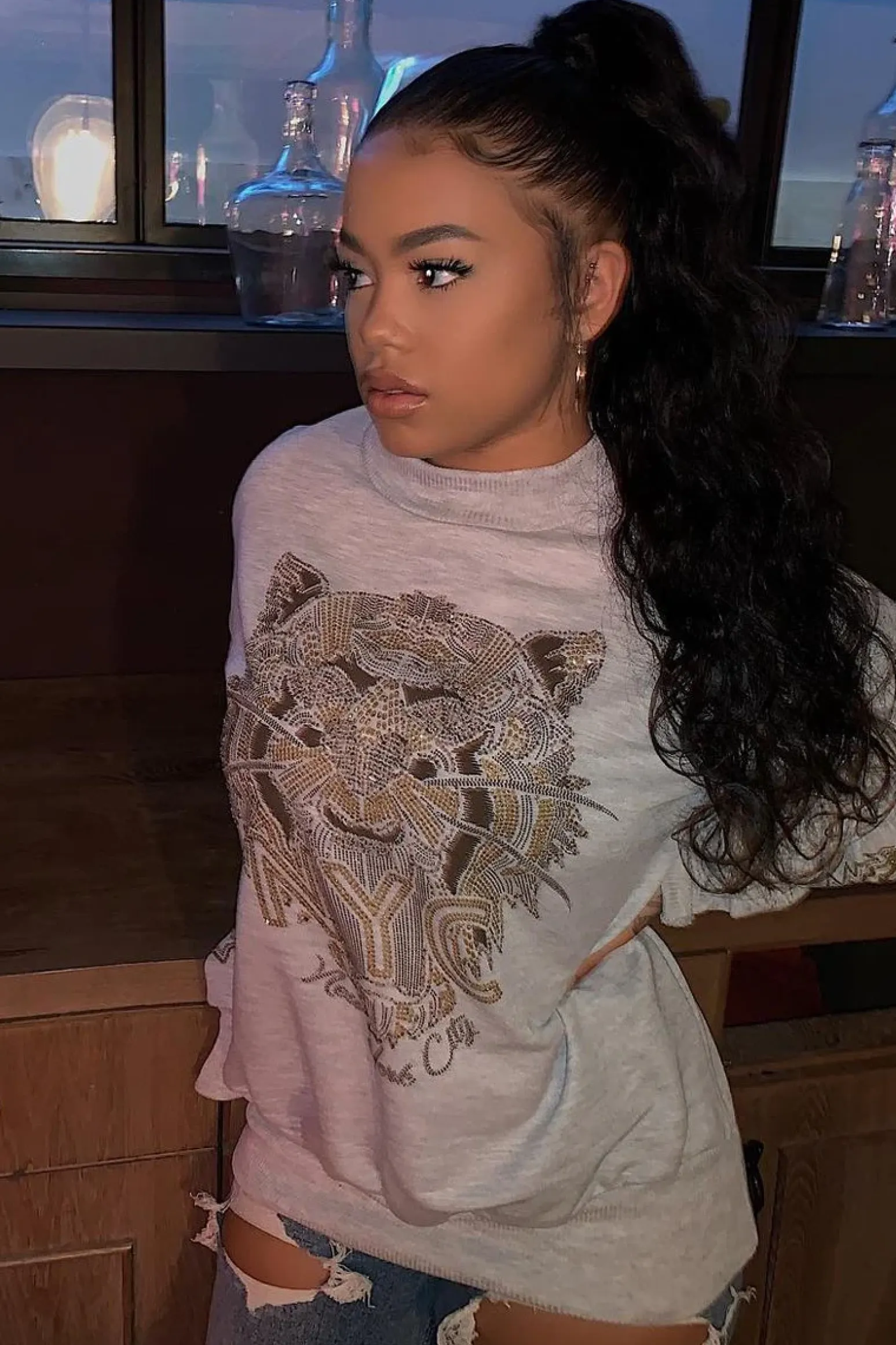 Rebellious Fashion Grey Gold Studded Tiger NYC Sweatshirt - Lezlie