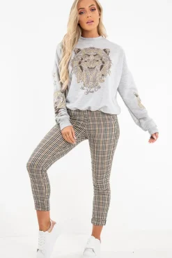Rebellious Fashion Grey Gold Studded Tiger NYC Sweatshirt - Lezlie