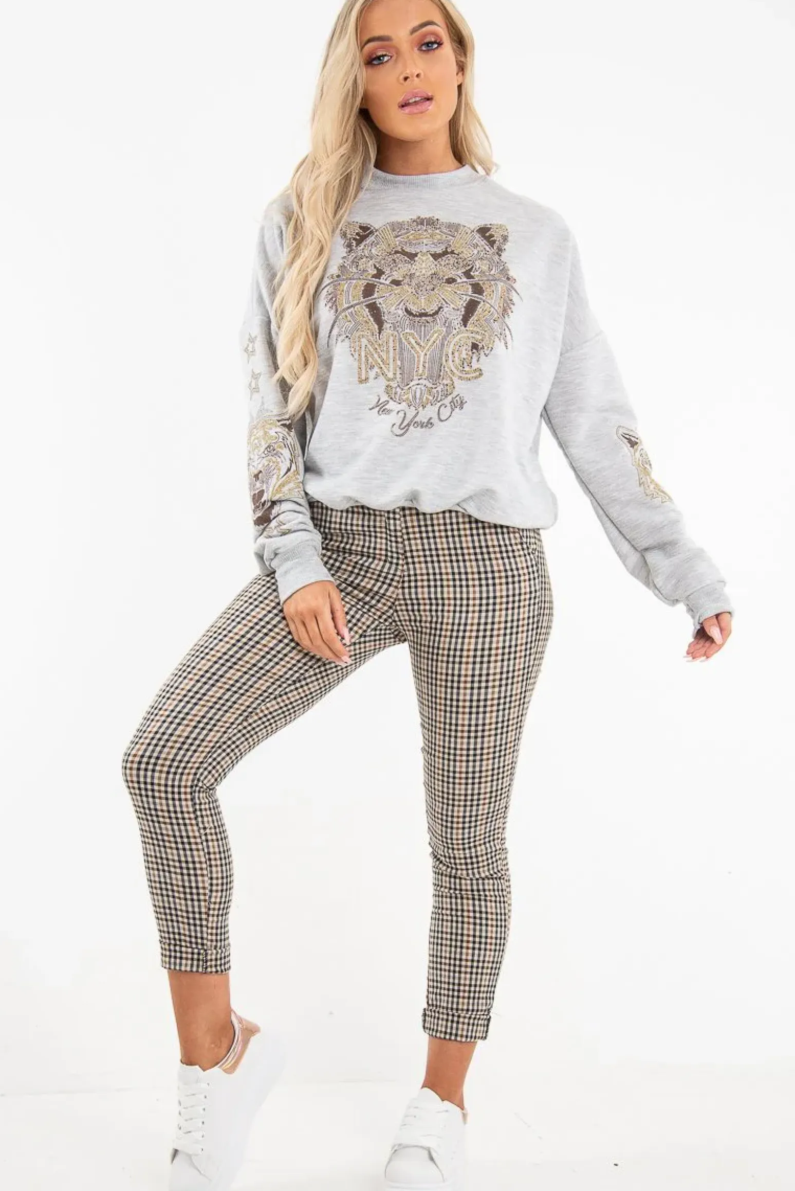 Rebellious Fashion Grey Gold Studded Tiger NYC Sweatshirt - Lezlie