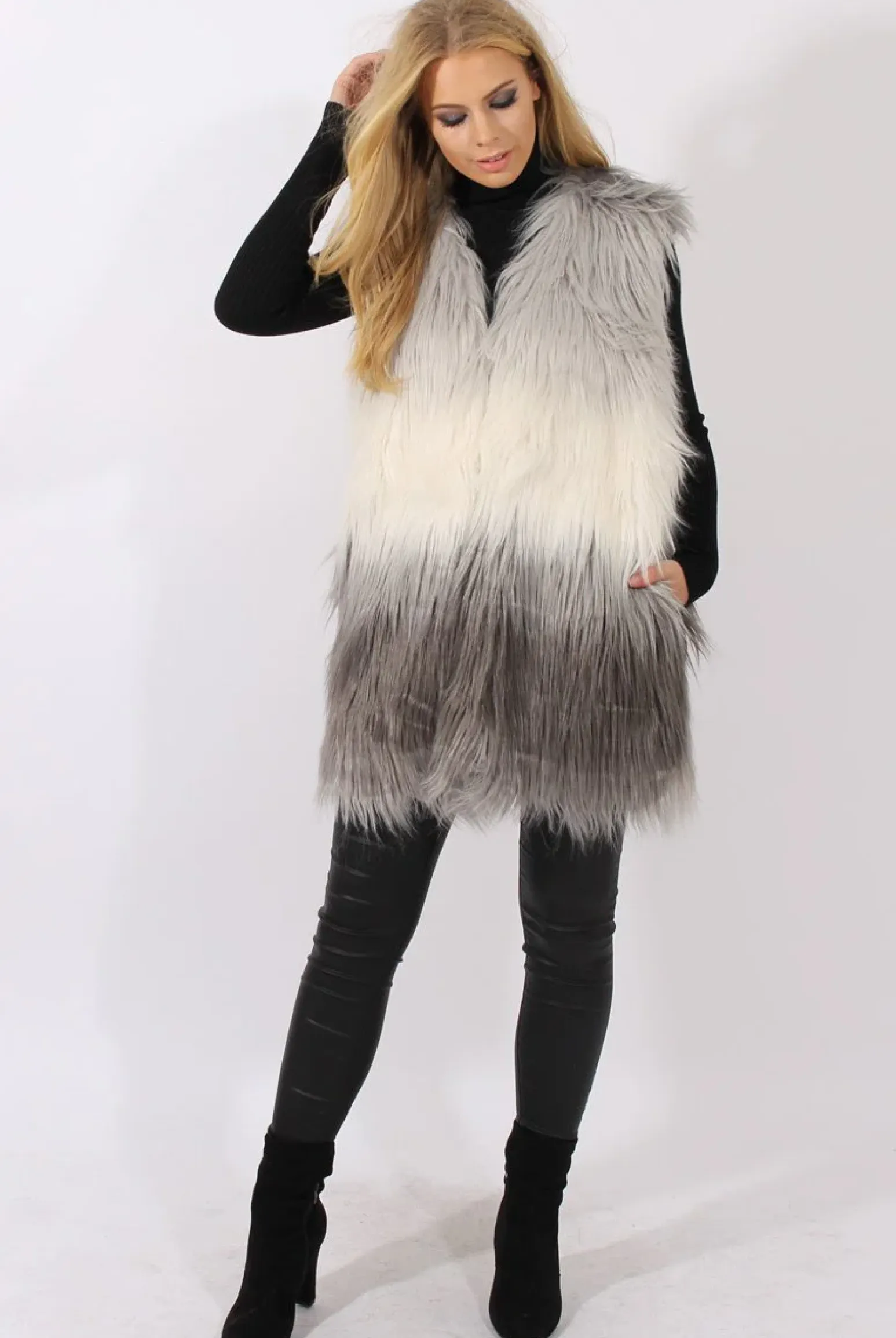 Rebellious Fashion Grey Gradient Faux Fur Gilet - Emerson