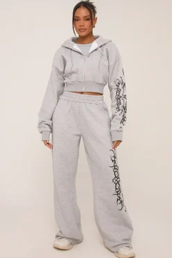 Rebellious Fashion Grey Graphic Printed Zip Through Crop Hoodie - Charlee