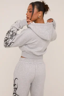 Rebellious Fashion Grey Graphic Printed Zip Through Crop Hoodie - Charlee